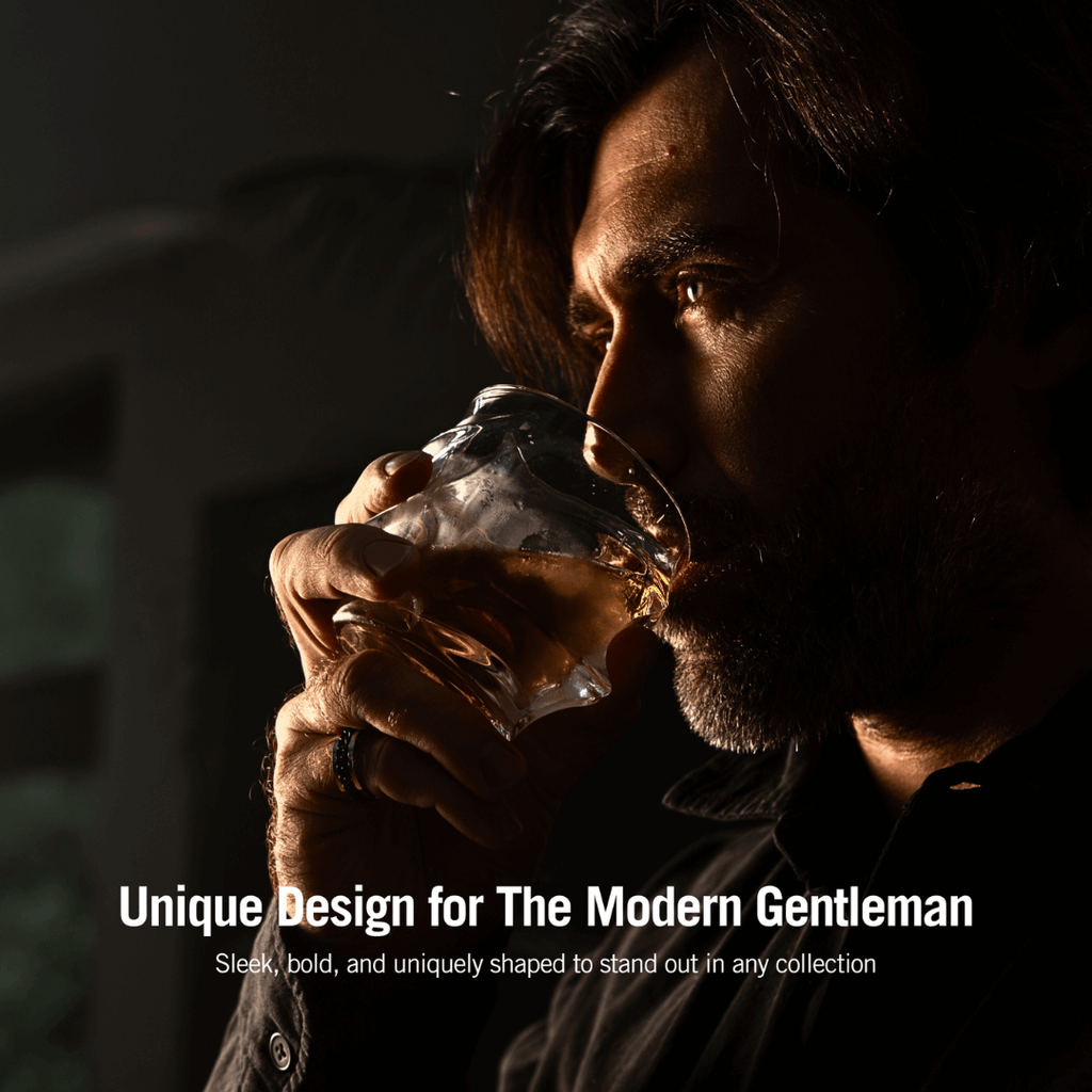 Man drinking from a glass with text 'Unique Design for The Modern Gentleman' on a dark background