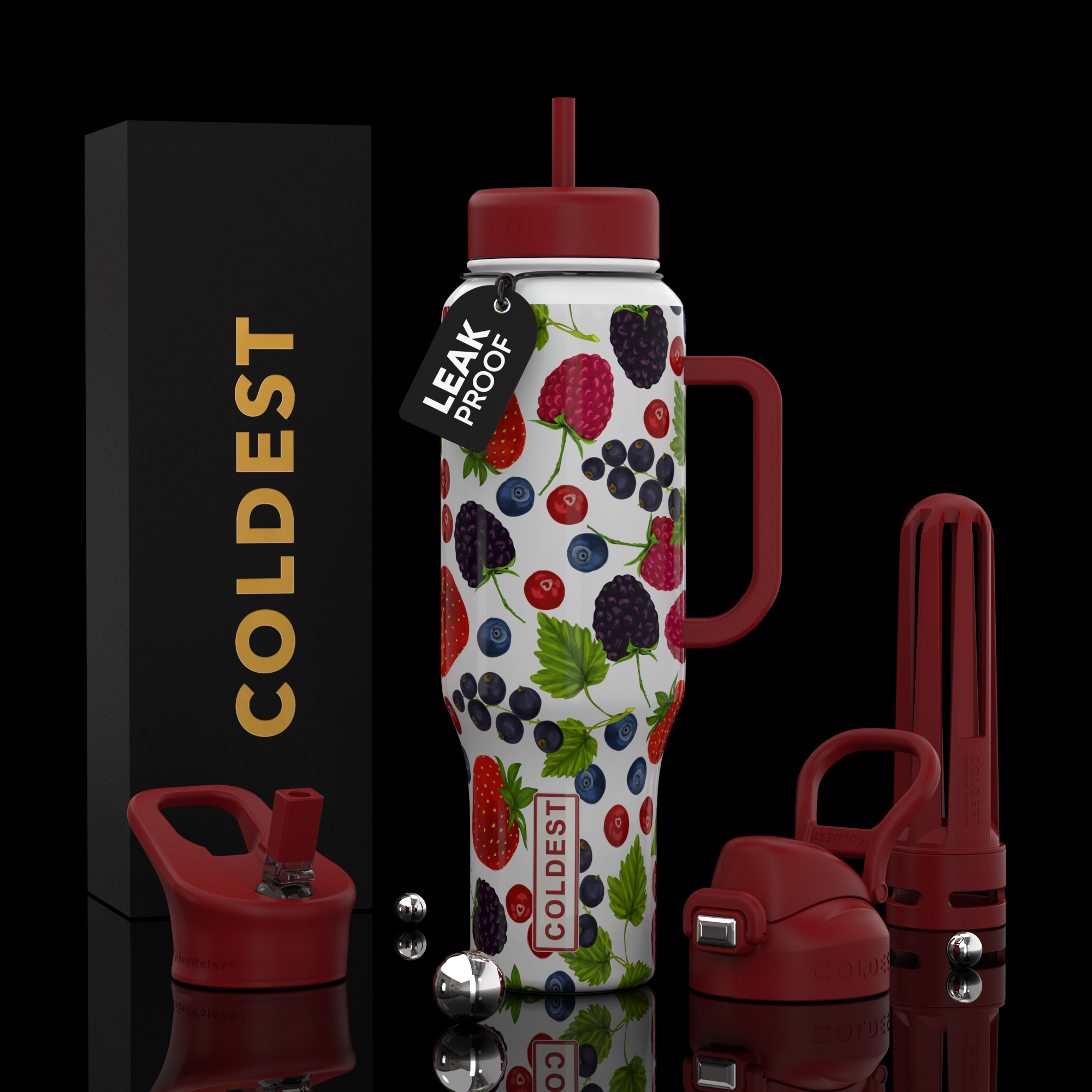 Colorful water bottle with berry pattern and red accents, featuring 'COLDEST' branding.