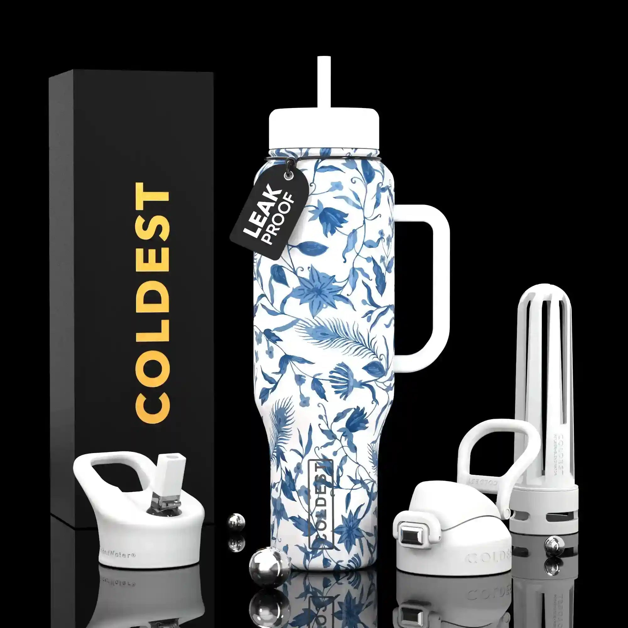 Floral-patterned water bottle with accessories on a reflective surface, featuring 'Coldest' branding.