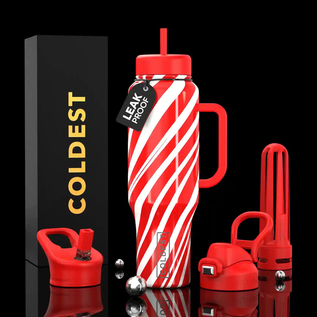 Red and white striped water bottle with accessories on a black background, featuring 'COLDEST' branding.