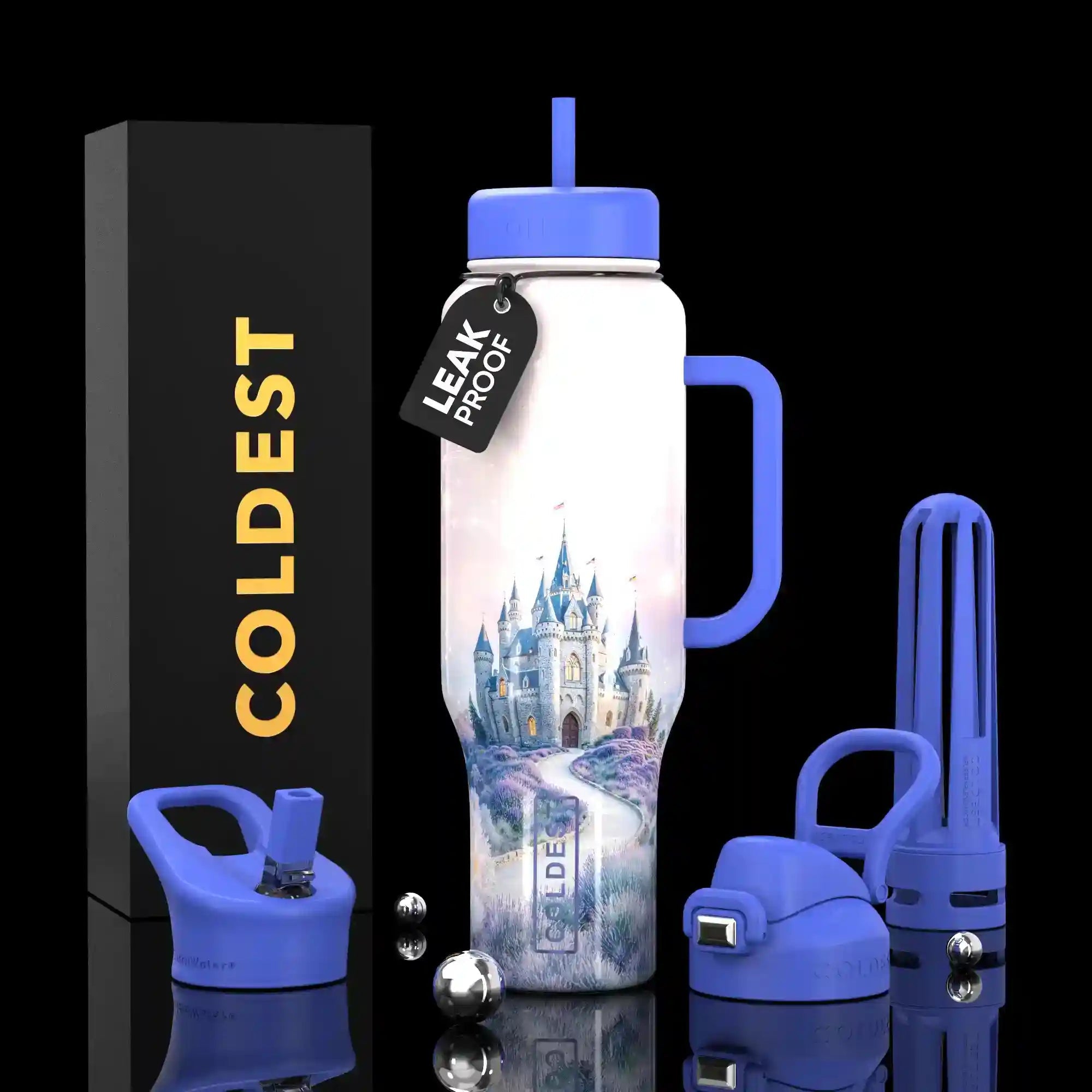 Coldest water bottle with castle design, accessories, and packaging on a black background