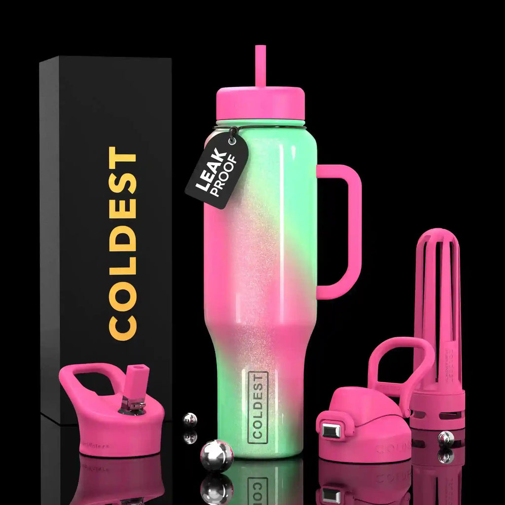 Gradient pink to green water bottle with accessories on a black background, featuring 'COLDEST' branding.