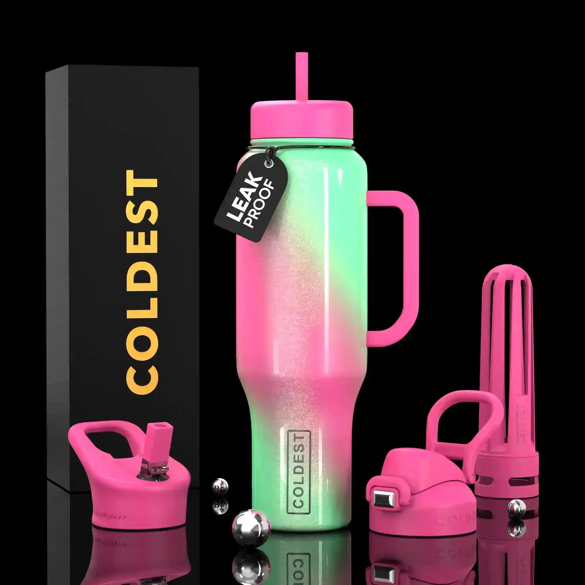 Gradient pink to green water bottle with accessories on a black background, featuring 'COLDEST' branding.