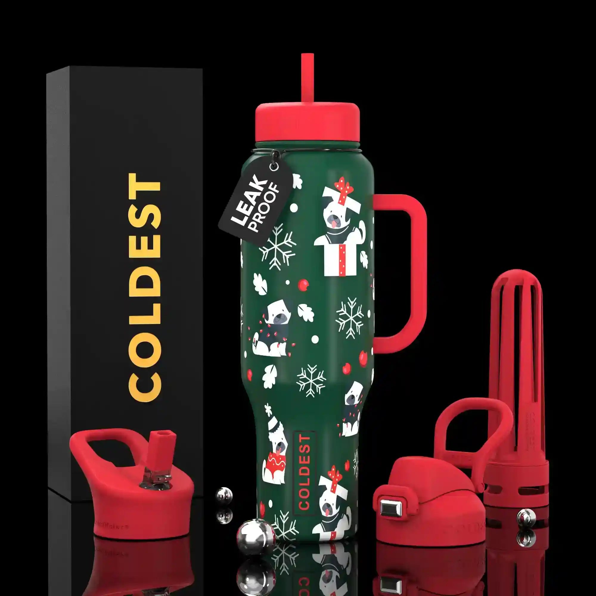 Green water bottle with red lid and handle, featuring Christmas designs, next to a black box labeled 'COLDEST'.