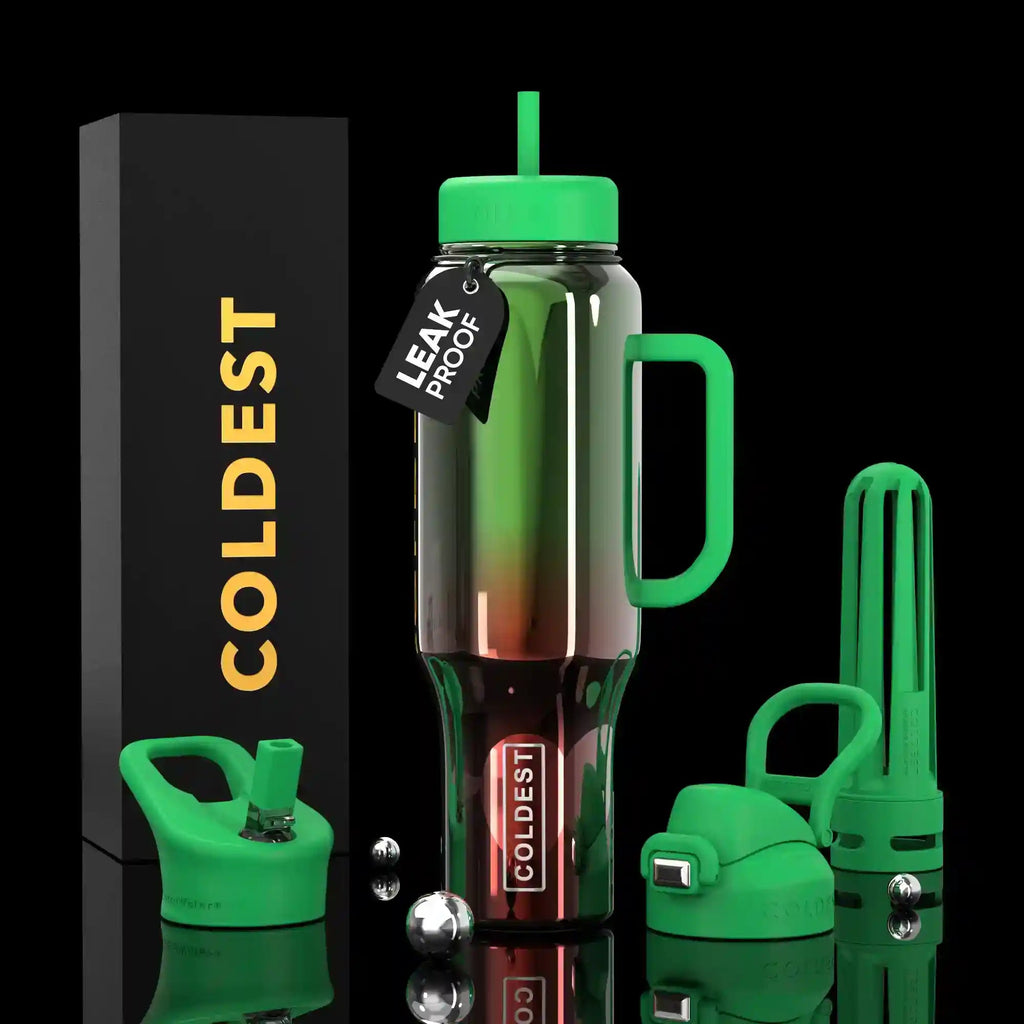 Green and black insulated drink container with handle and spout, featuring 'Coldest' branding.