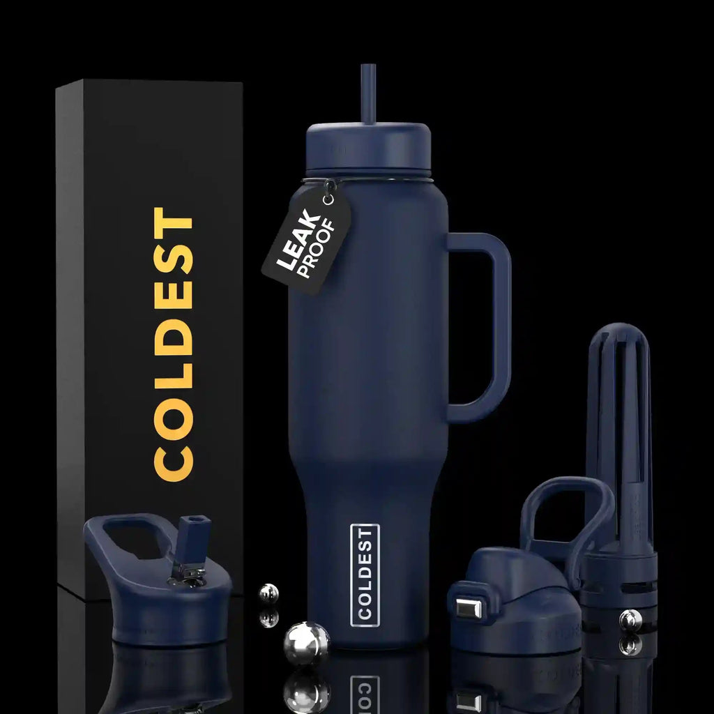Blue water bottle with accessories and 'COLDEST' branding on a black background