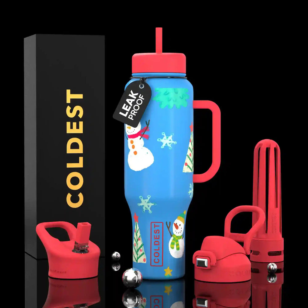 Colorful water bottle with red lid and accessories on a black background, featuring the brand 'Coldest'.
