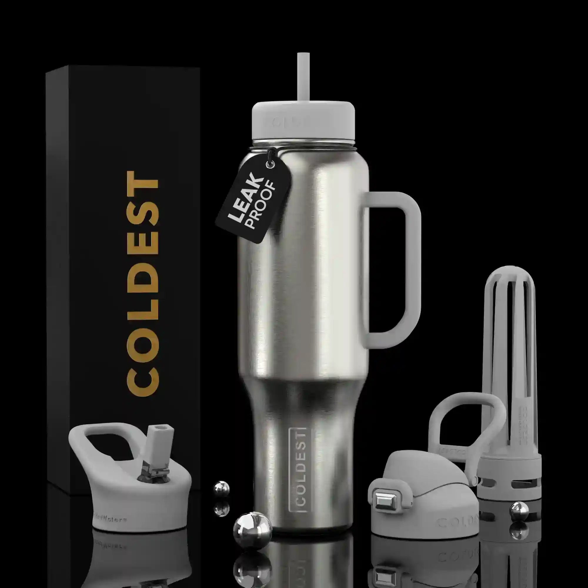 Silver insulated bottle with accessories on a black background, featuring 'COLDEST' branding.