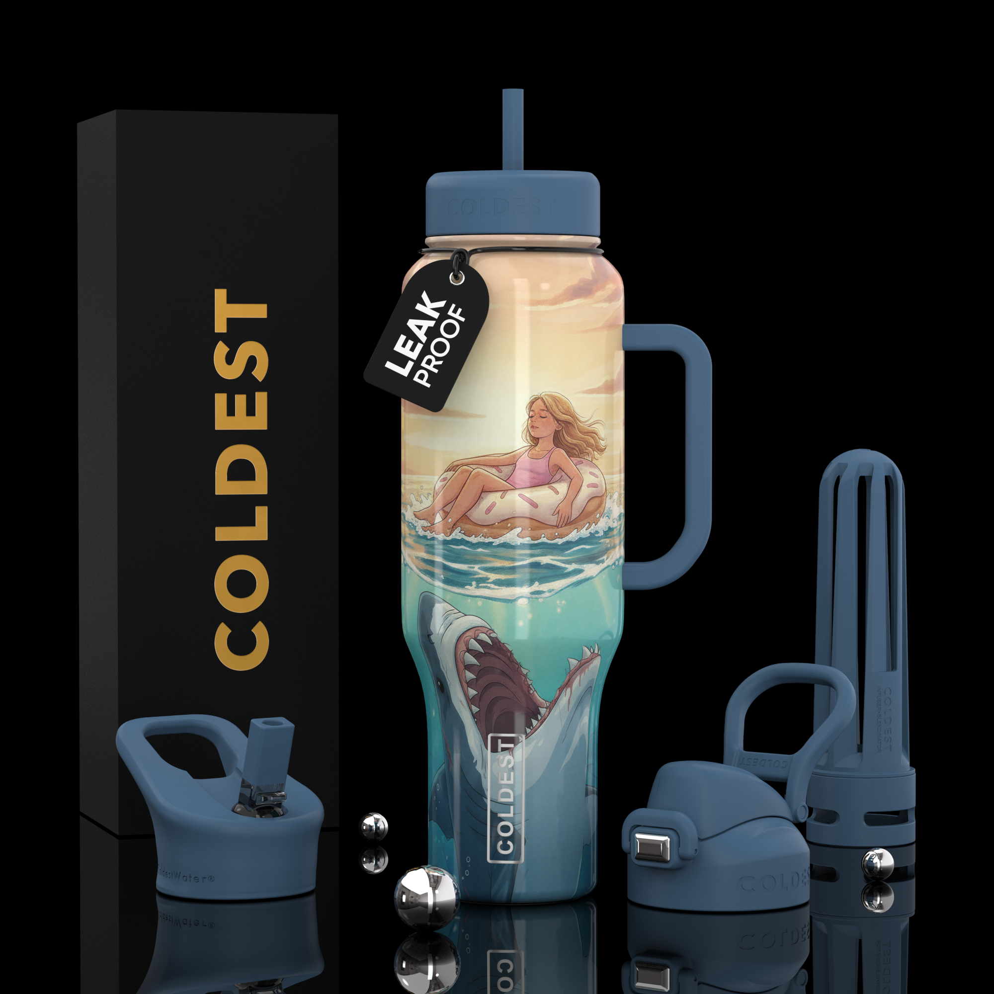Leak-proof water bottle with shark and mermaid design, surrounded by accessories on a reflective surface.