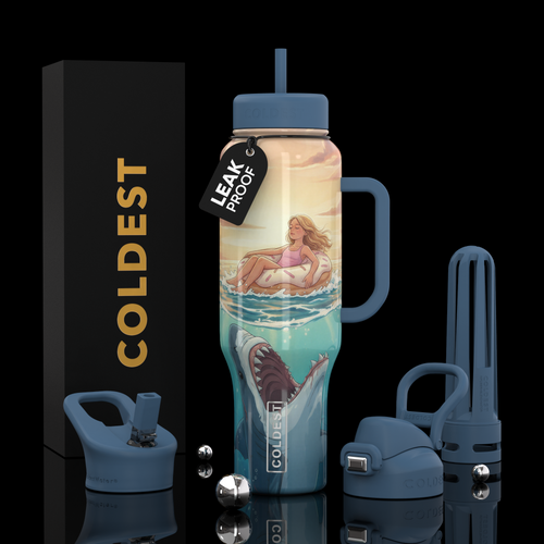 Leak-proof water bottle with shark and mermaid design, surrounded by accessories on a reflective surface.