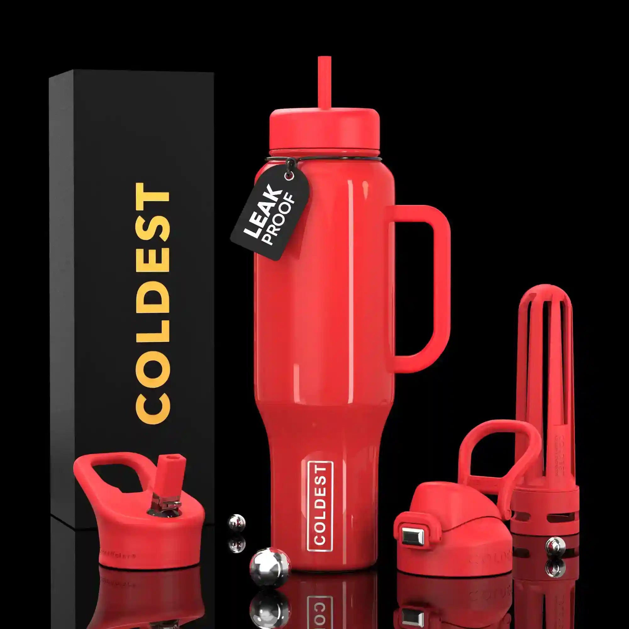 Red water bottle with accessories and 'Coldest' branding on a black background