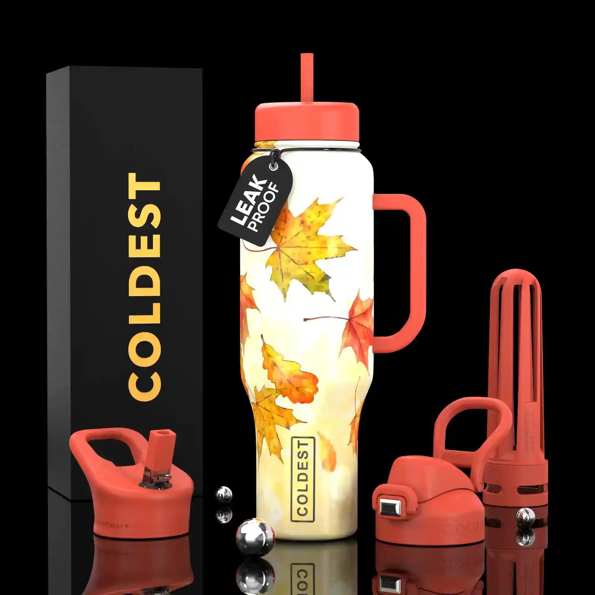 Leak-proof water bottle with autumn leaf design and red accents, surrounded by accessories on a black background.