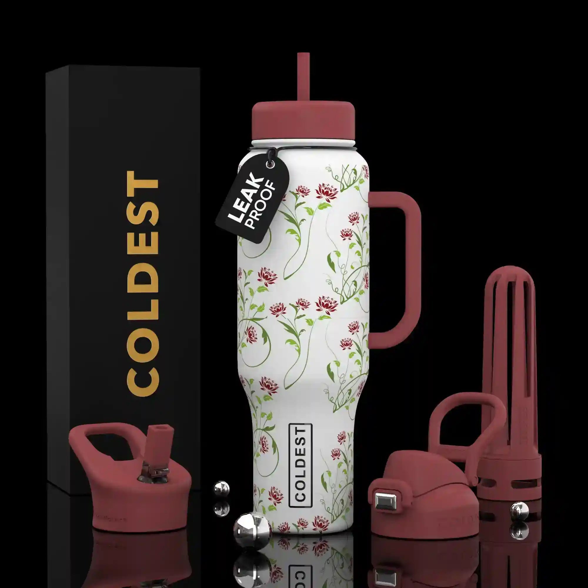 Floral-patterned water bottle with pink accents and 'Coldest' branding on a black background