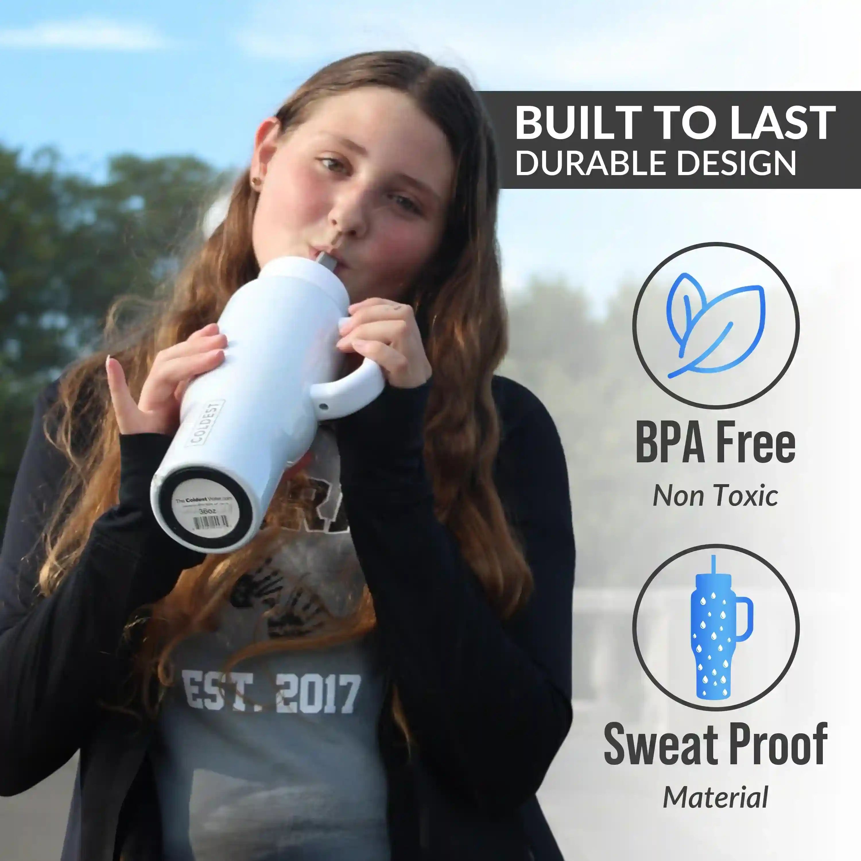 Person holding a white water bottle with product features highlighted on a gray background