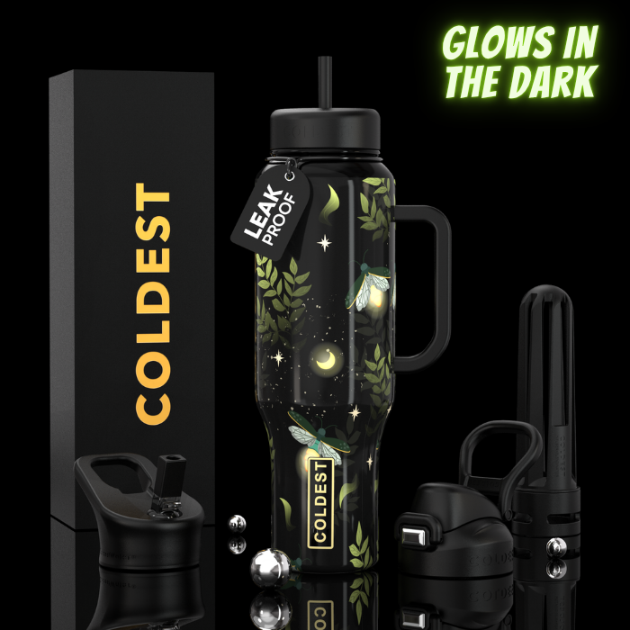 Black water bottle with nature design, 'Coldest' branding, and 'Glow in the Dark' text on a black background.