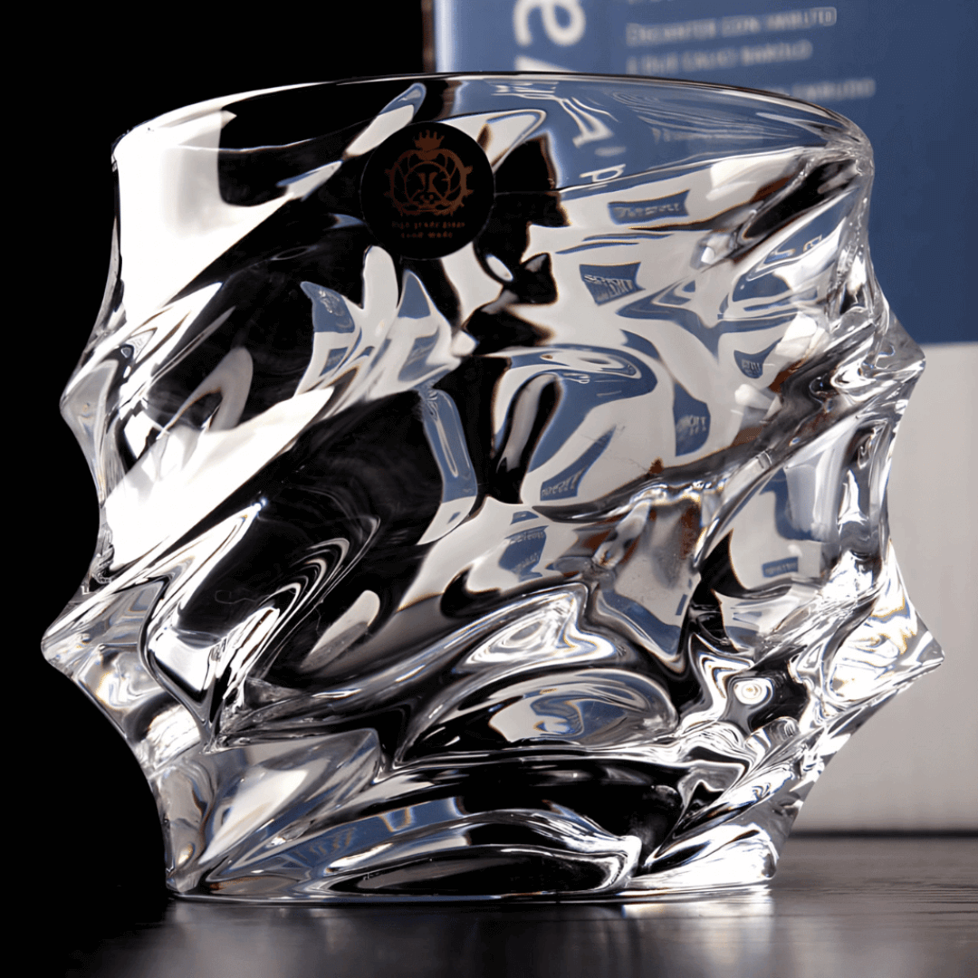 Crystal vase with wavy design on a dark background