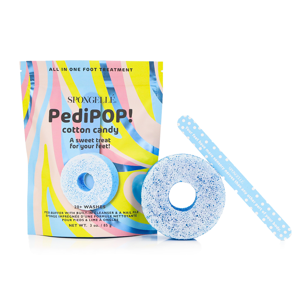 Spongelle PediPop cotton candy foot treatment with packaging on a white background