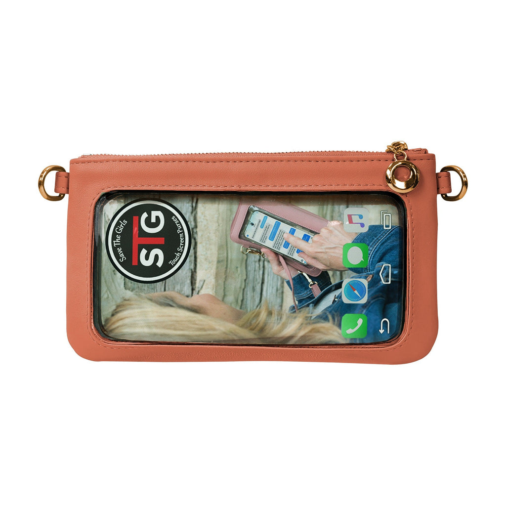Peach-colored pouch with a screen displaying a phone and hands, on a white background.