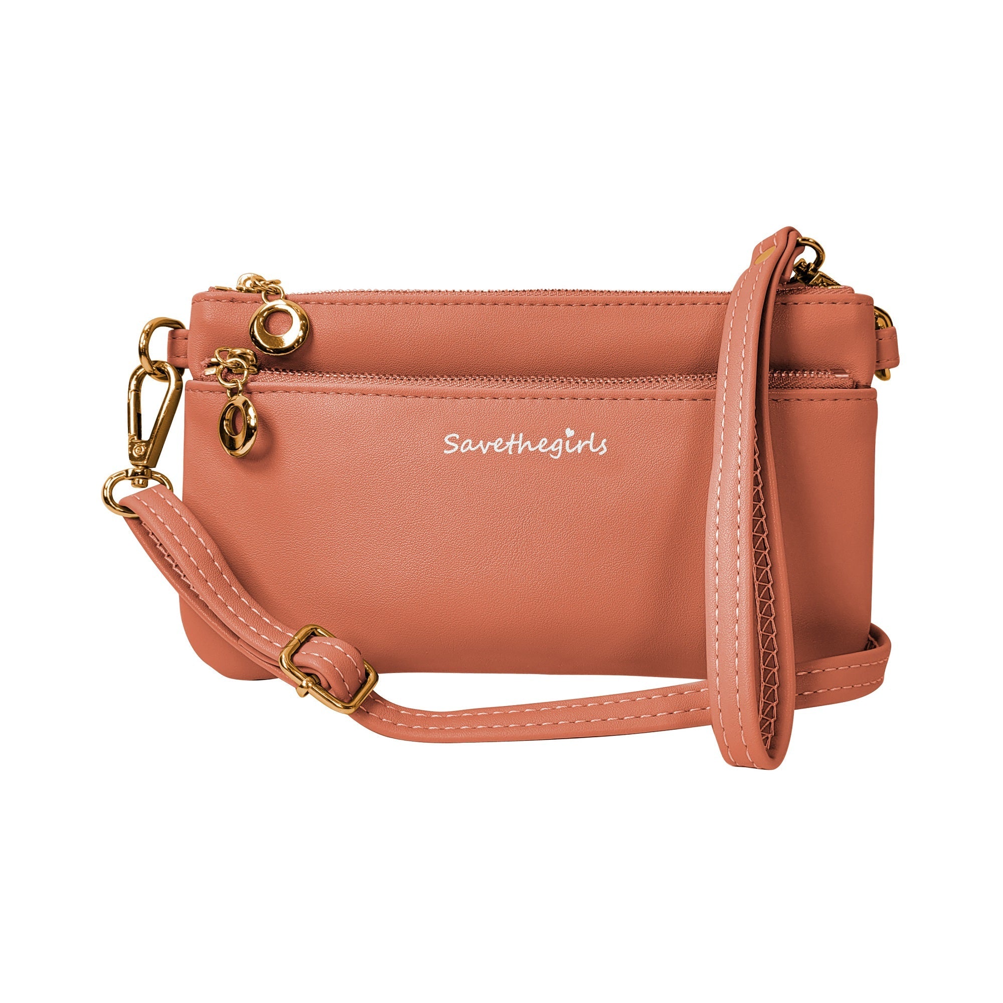 Pink handbag with gold accents on a white background