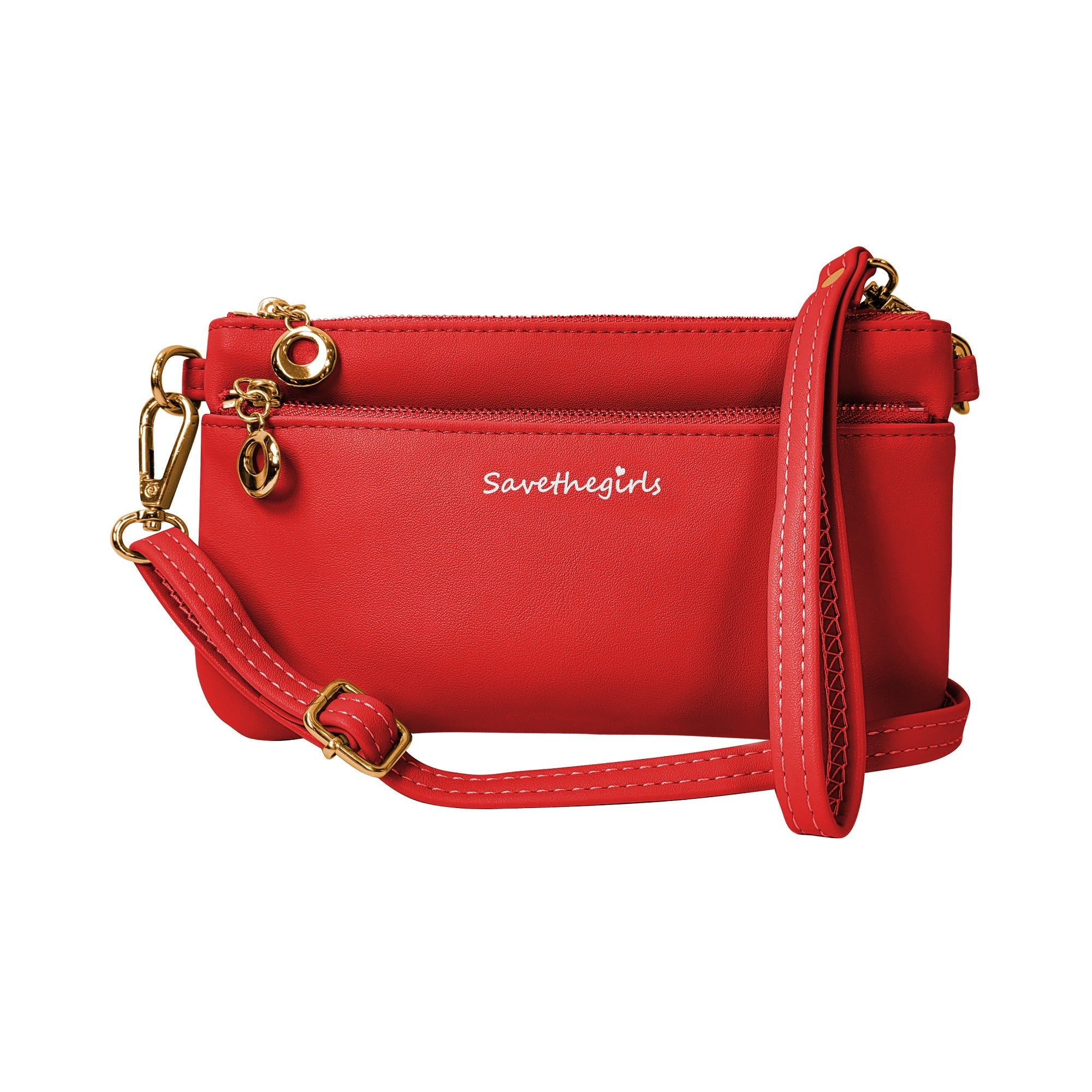 Red handbag with gold accents on a white background