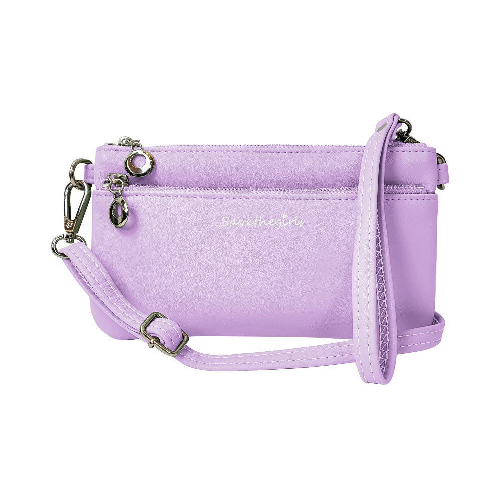 Lavender crossbody bag with visible brand name on a white background