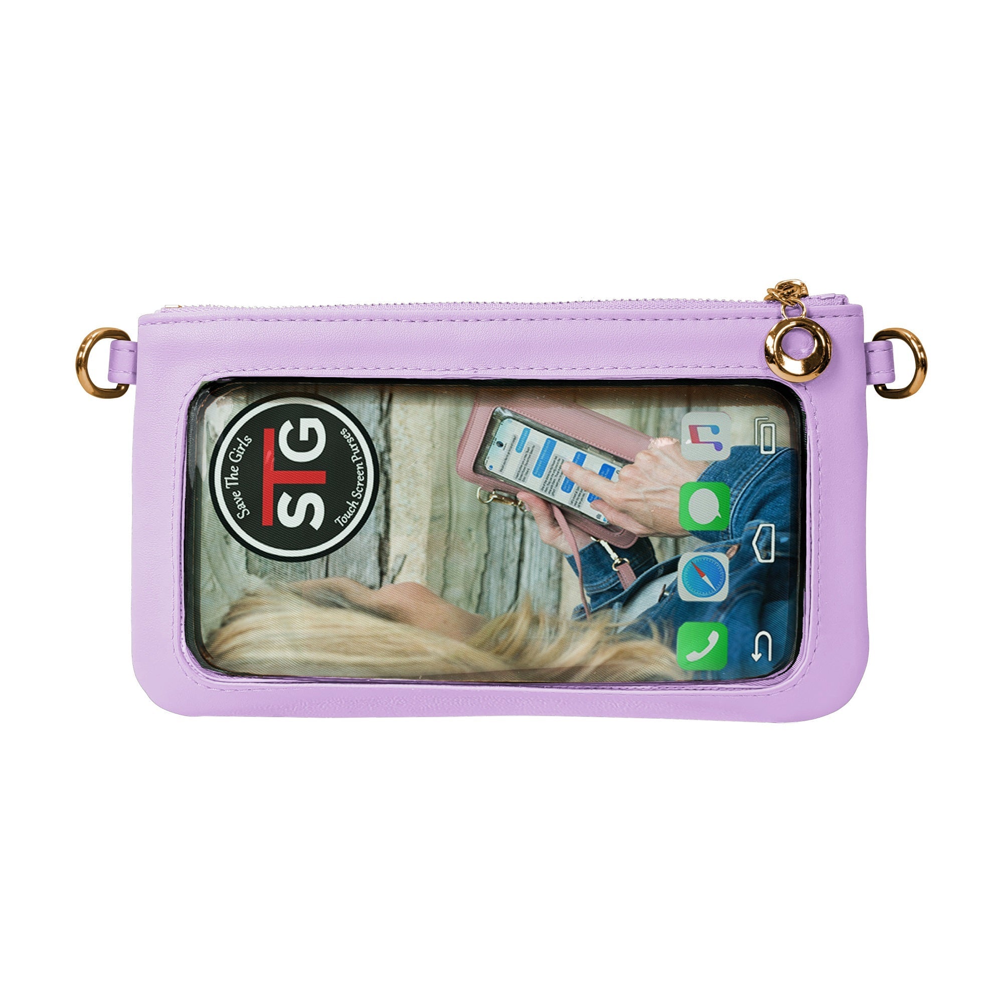 Pink phone pouch with a screen displaying a person using a phone, on a white background.