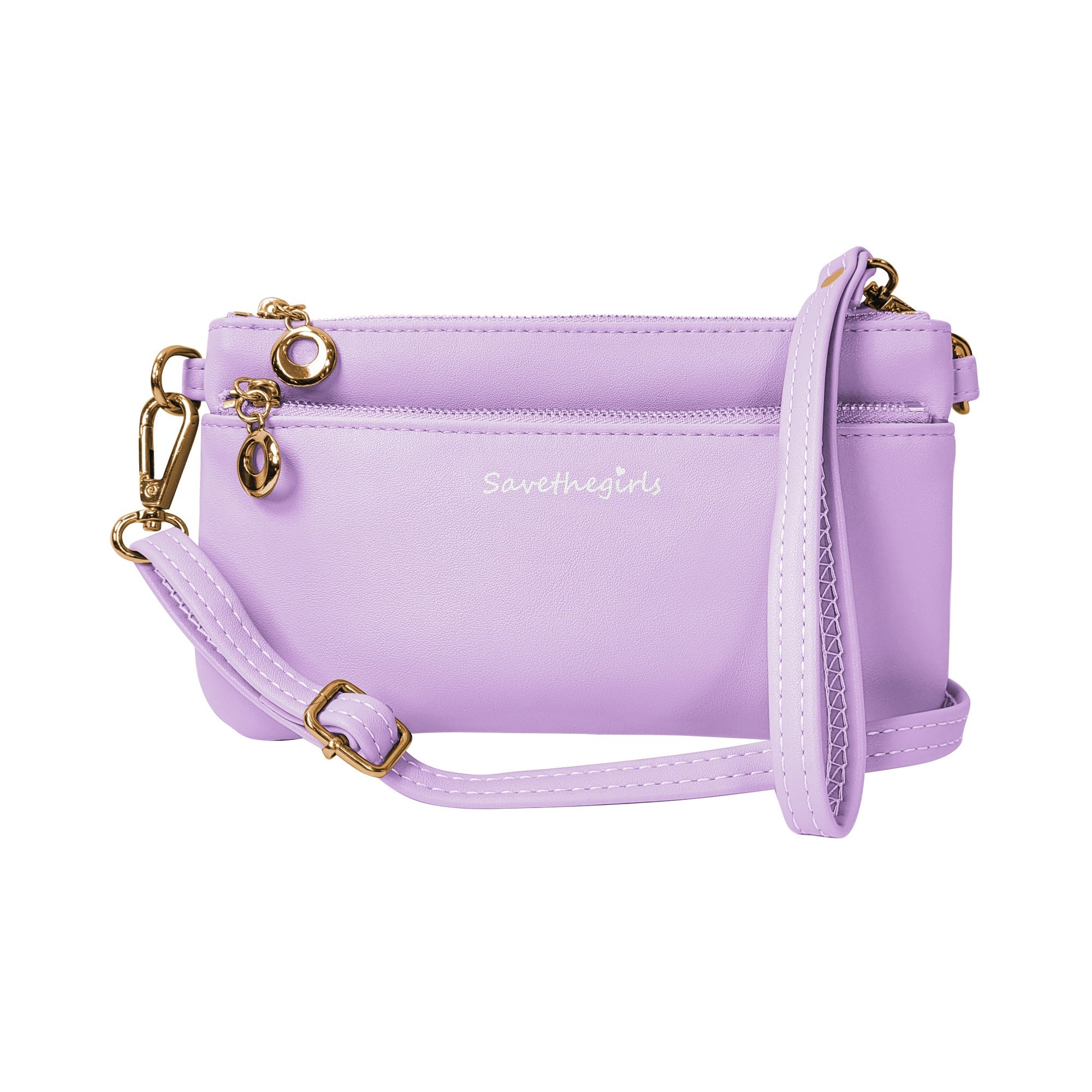 Lavender crossbody bag with gold accents on a white background