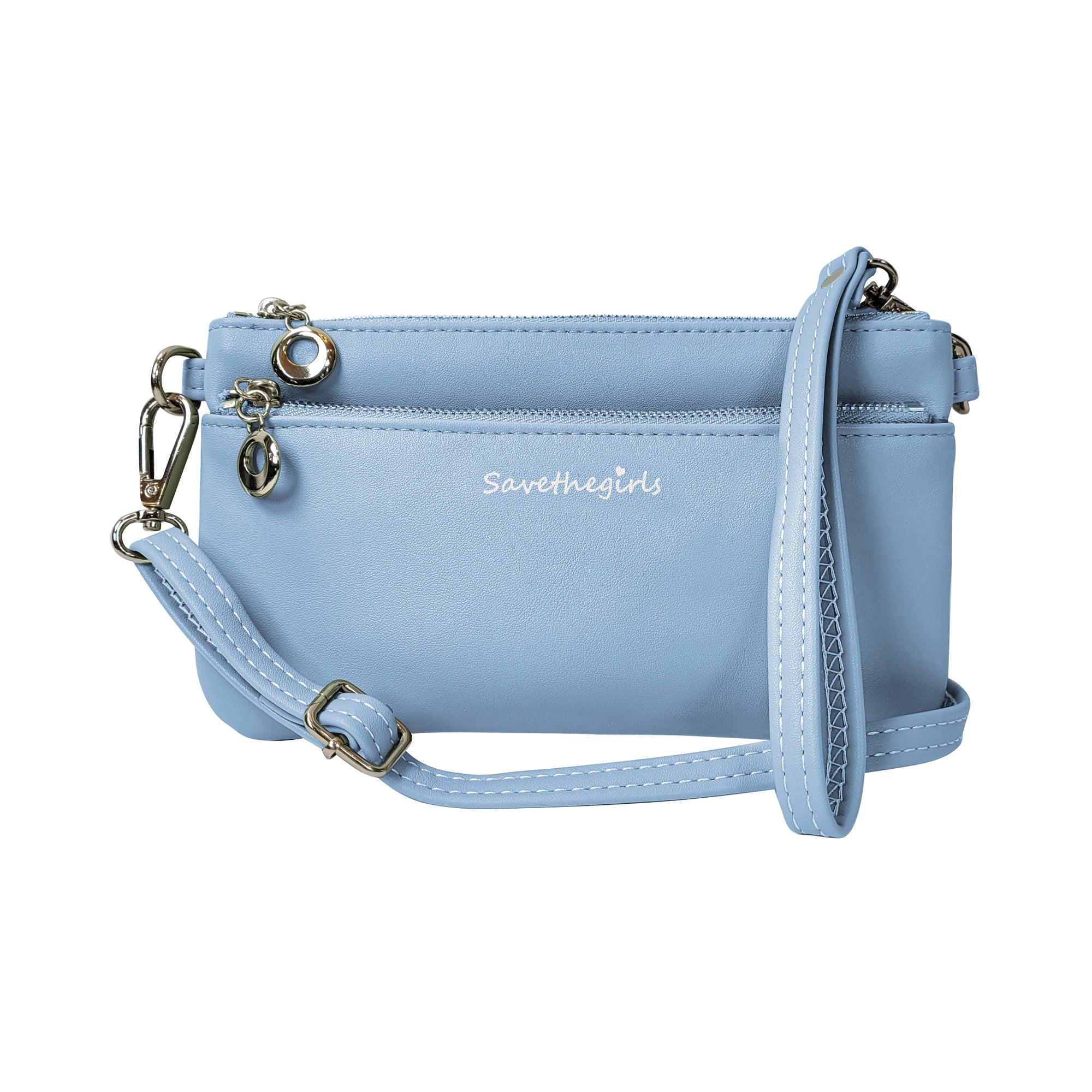 Light blue handbag with a strap on a white background