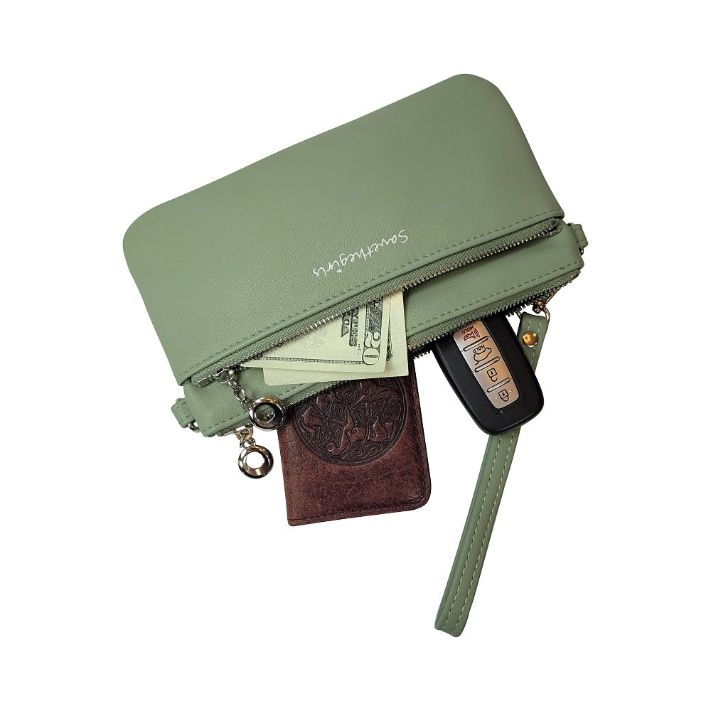Green wallet with items like a phone, cardholder, and money on a white background