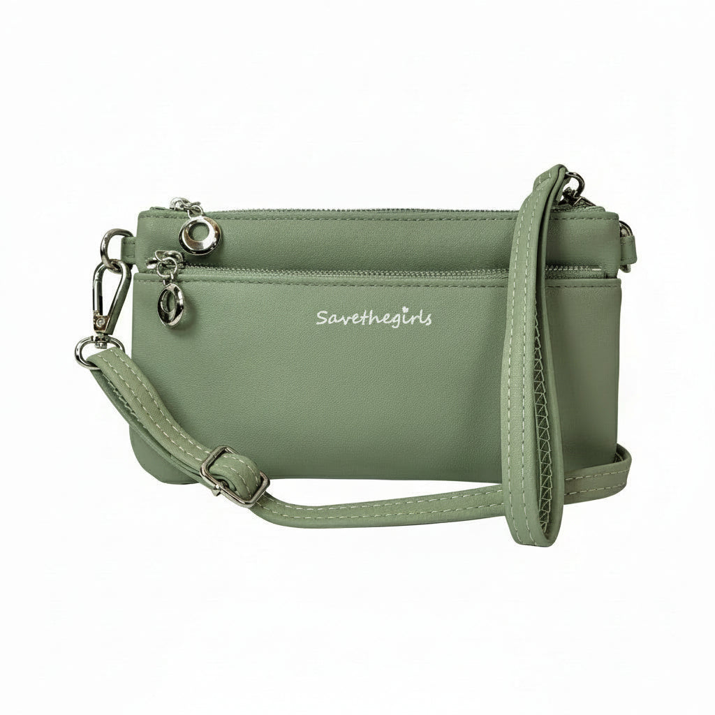 Green handbag with a strap on a white background