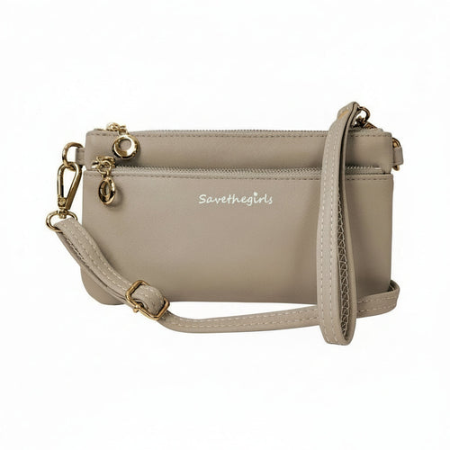 Beige handbag with a strap on a white background, featuring 'Save The Girls' branding.
