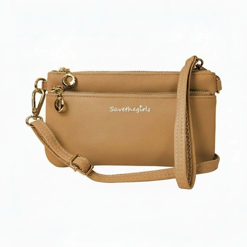 Beige handbag with a strap on a white background