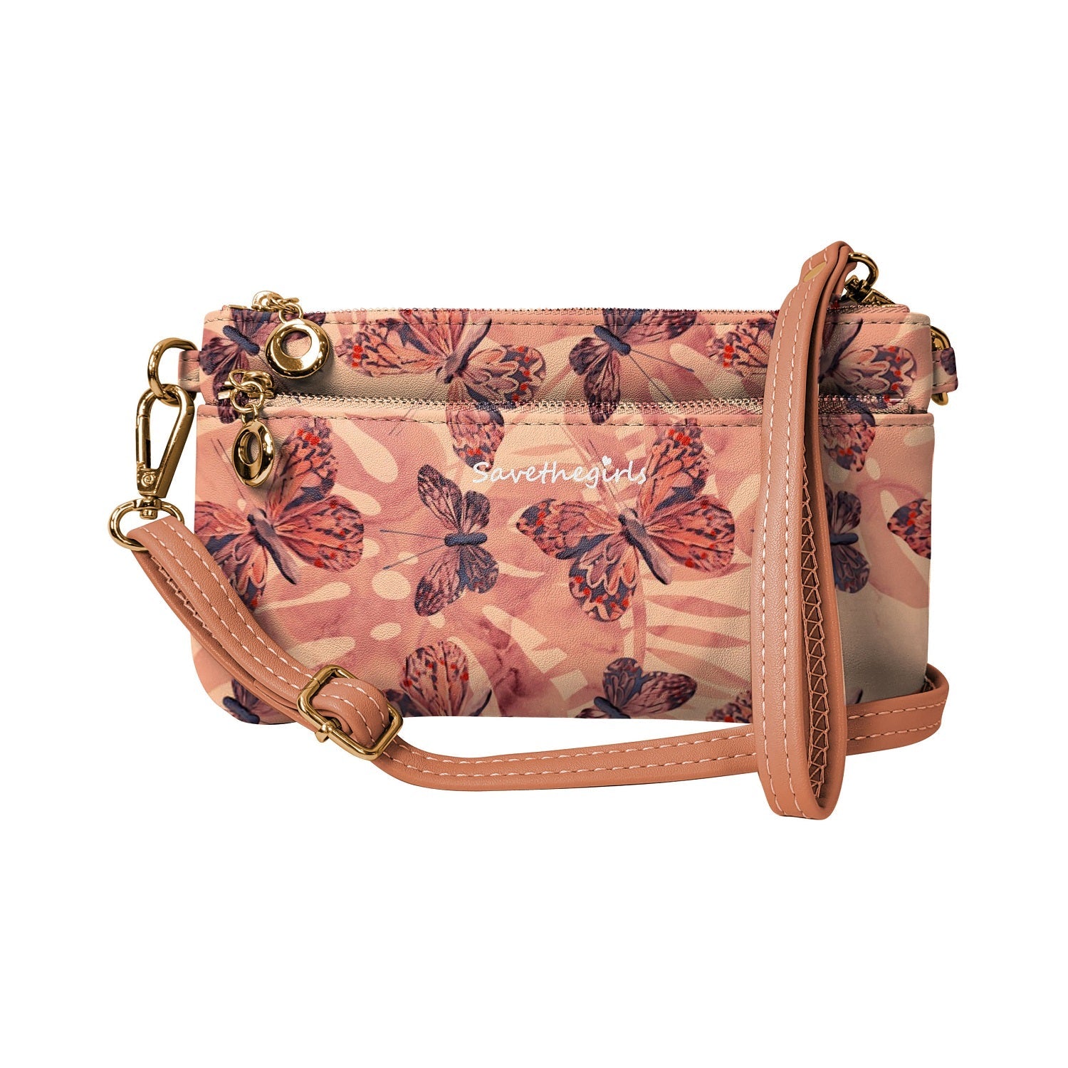 Pink crossbody bag with butterfly pattern on a white background