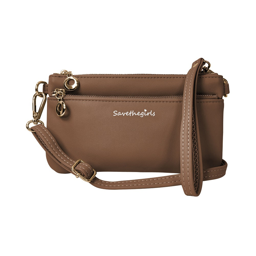 Brown handbag with 'Save the Girls' branding on a white background