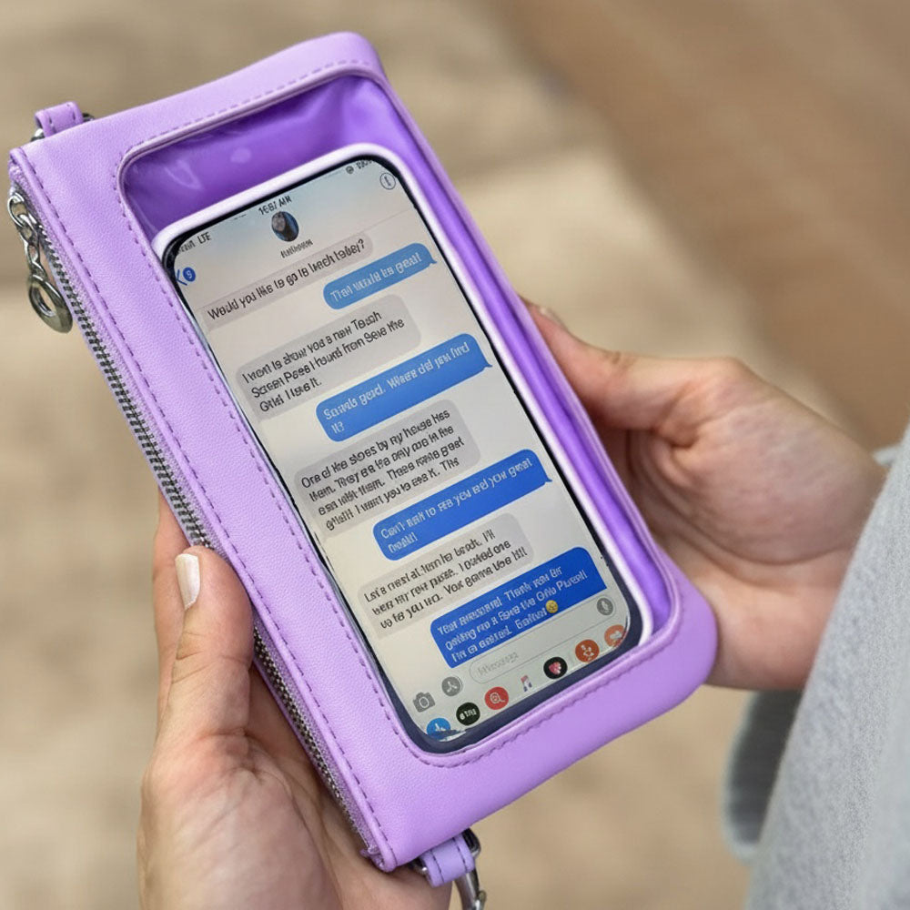Purple phone case with a smartphone displaying a conversation held by a hand.