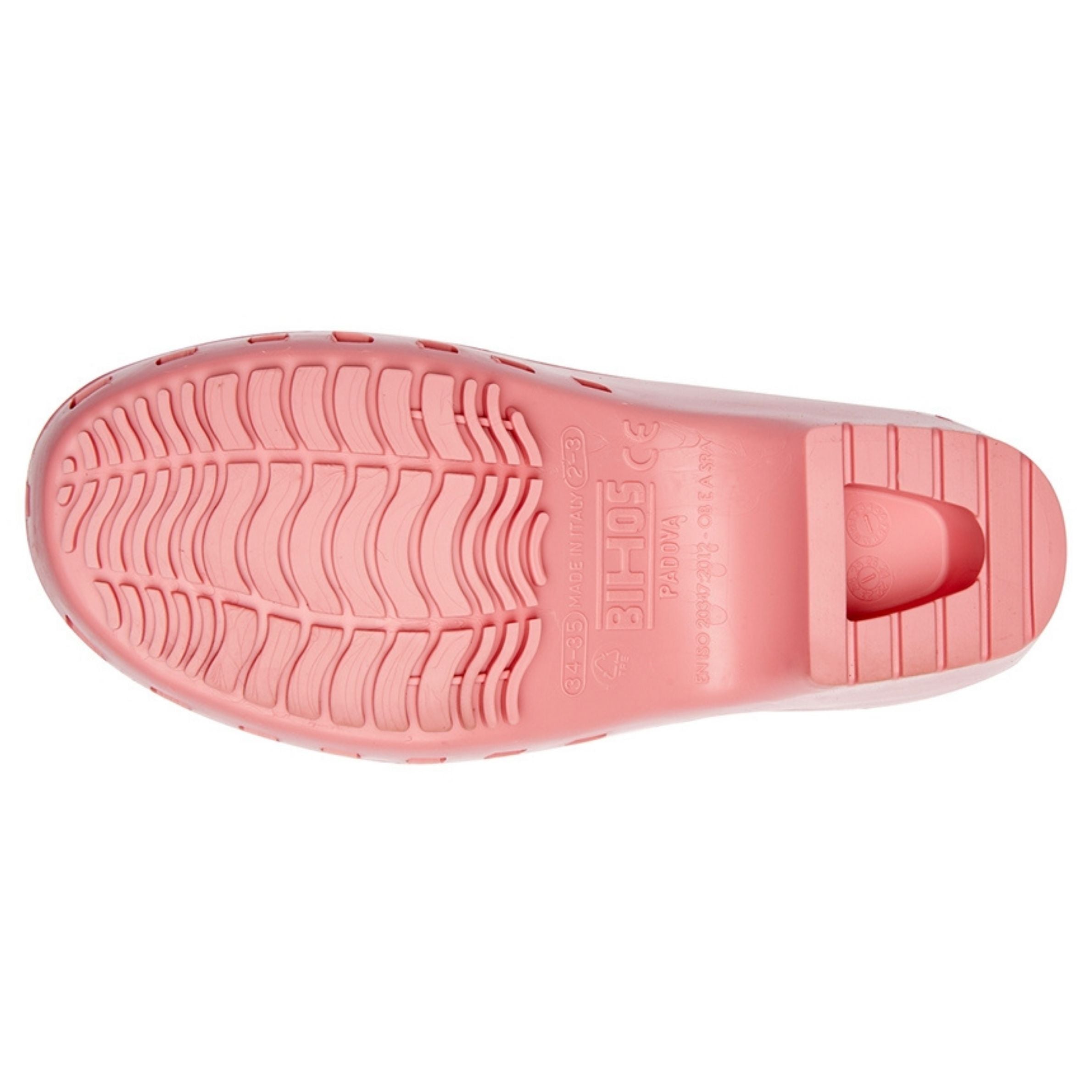 Close-up of a pink shoe sole with brand logo on a white background