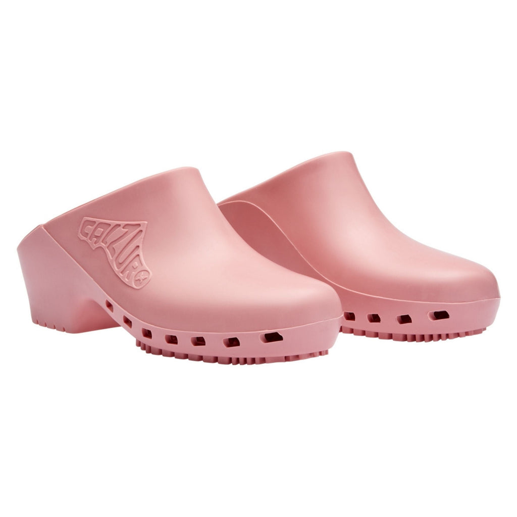 Pair of pink clogs on a white background