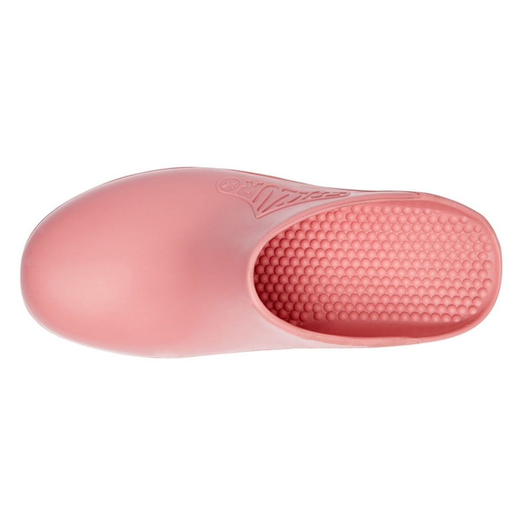 Pink slipper with textured sole on a white background