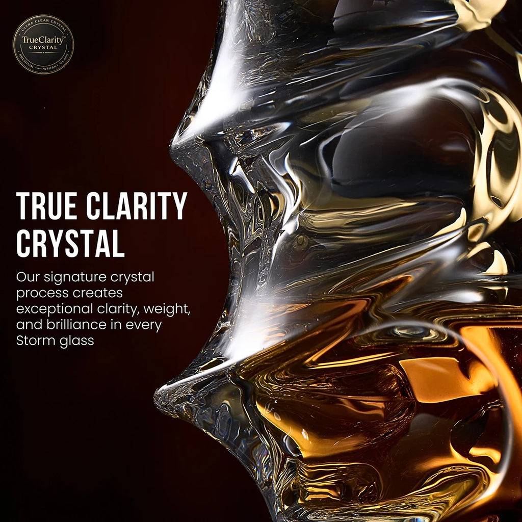 Storm glass with 'True Clarity Crystal' text on a dark background