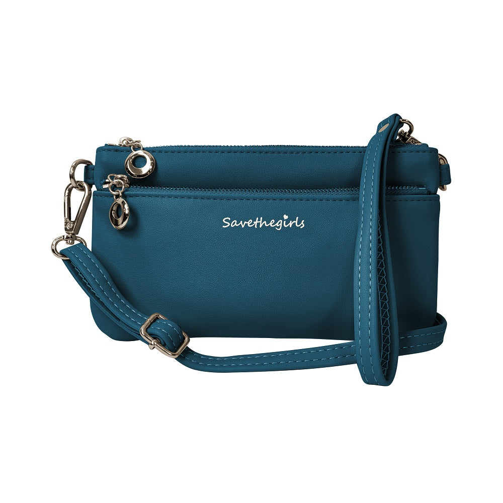 Blue handbag with a visible brand name on a white background