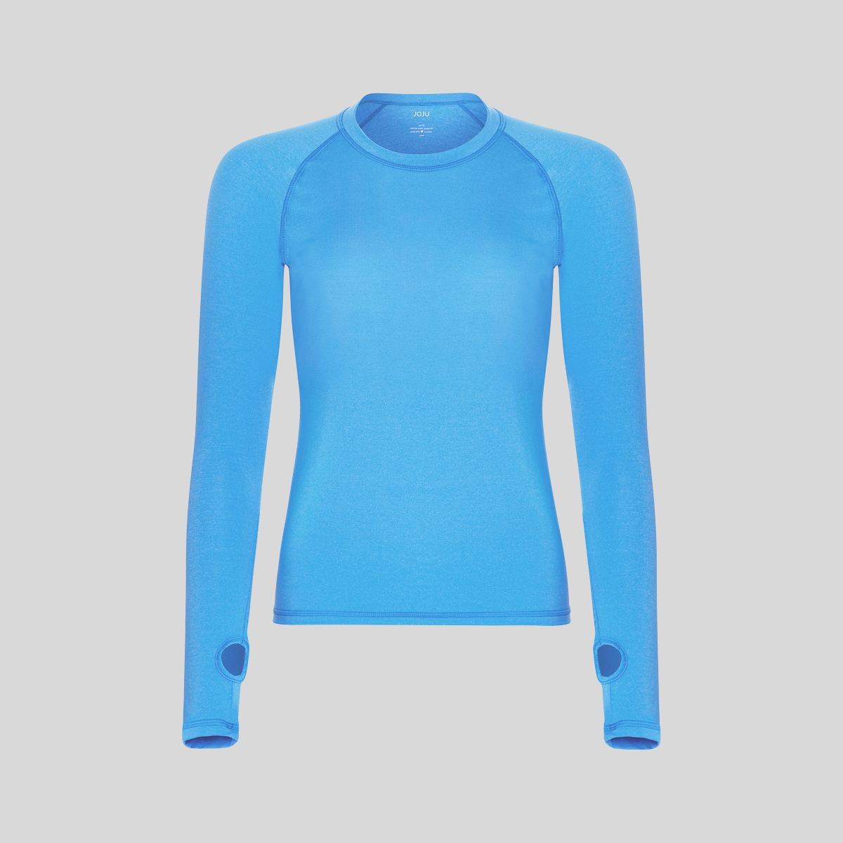 Blue long-sleeve shirt on a light gray background