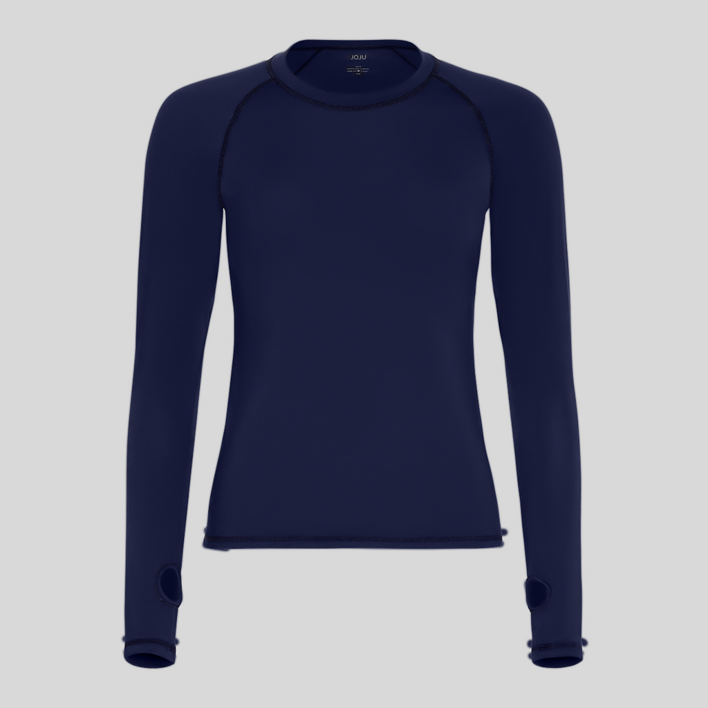 Navy blue long-sleeve shirt on a light gray background