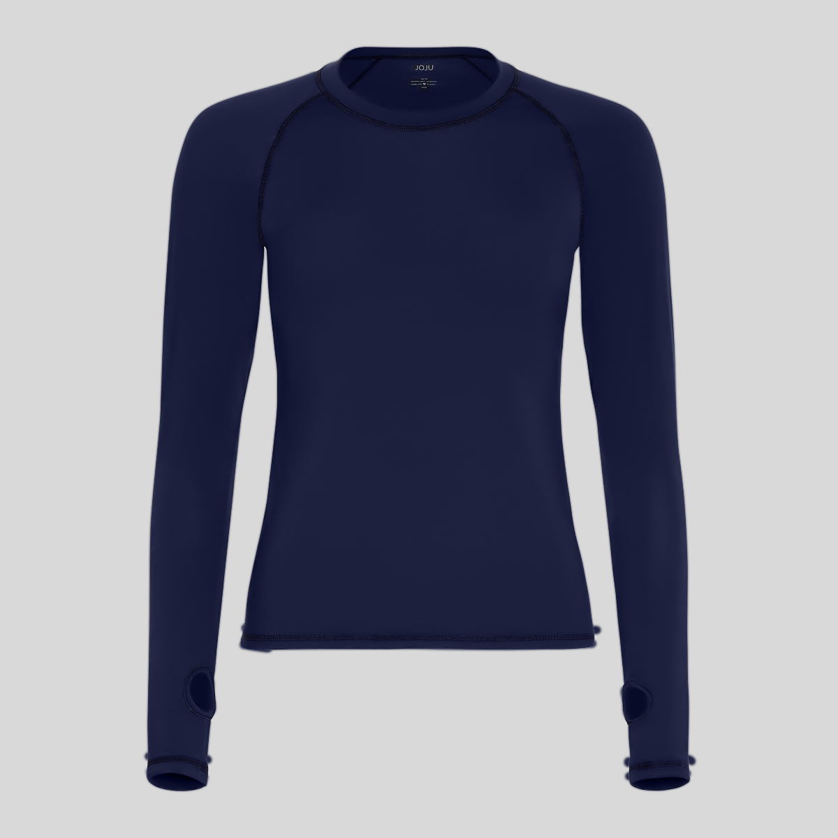 Navy blue long-sleeve shirt on a light gray background