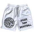 White shorts with black text and graphics on a white background