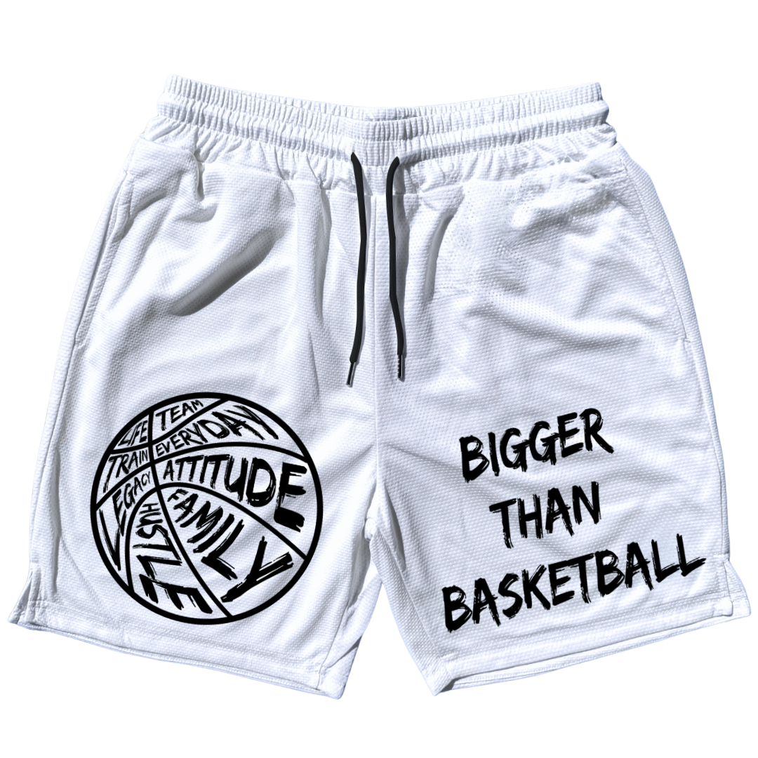 White shorts with black text and graphics on a white background