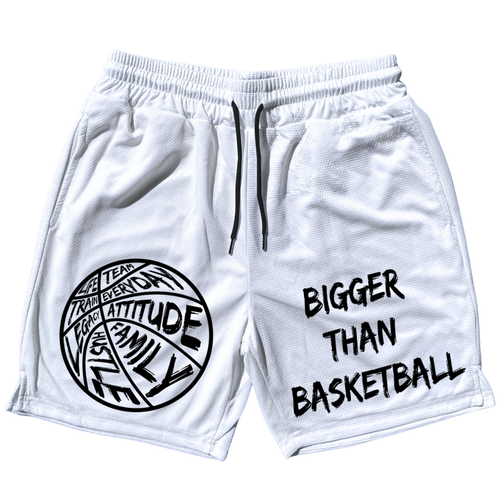 White shorts with black text and graphics on a white background