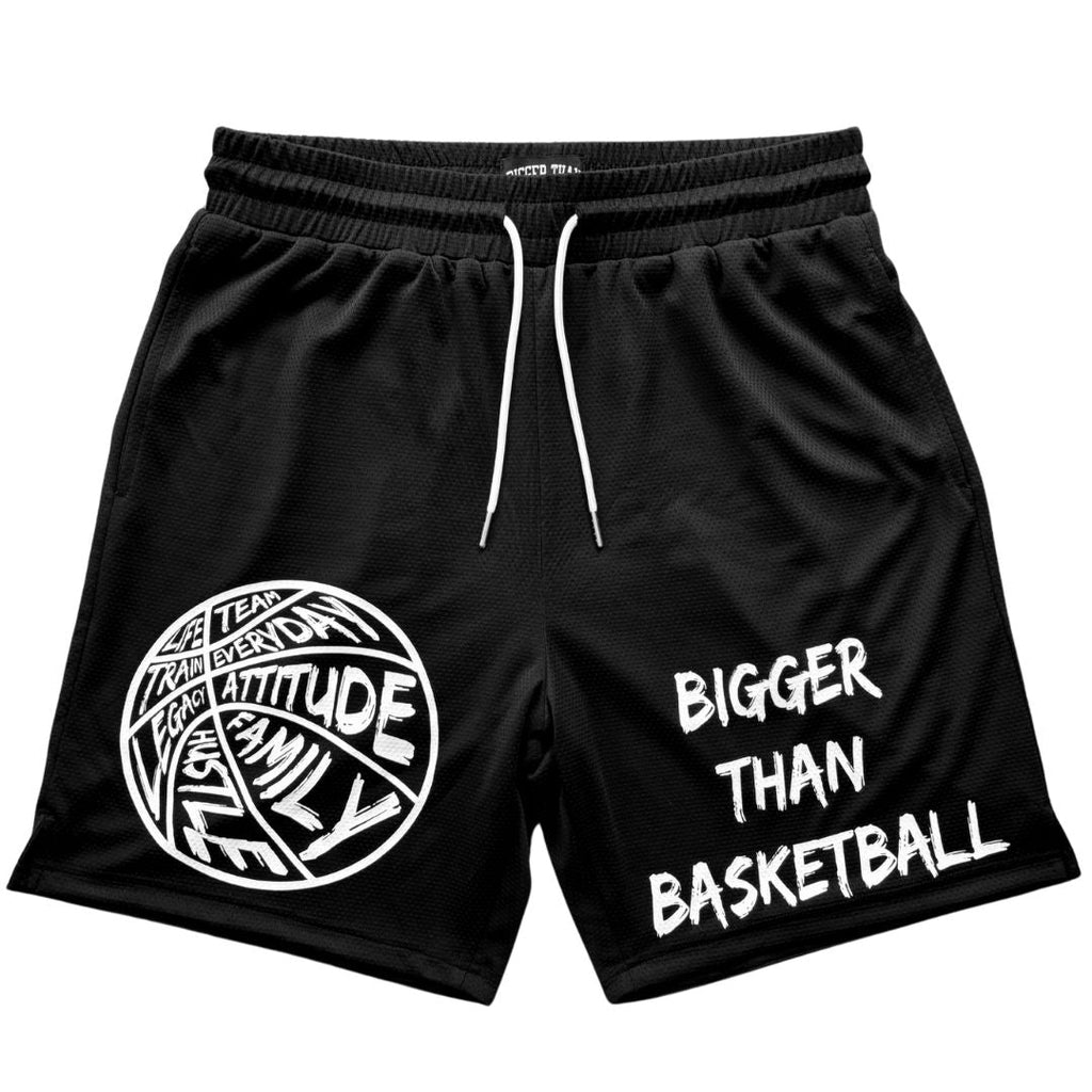 Black shorts with white text and graphics on a white background