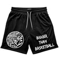 Black shorts with white text and graphics on a white background
