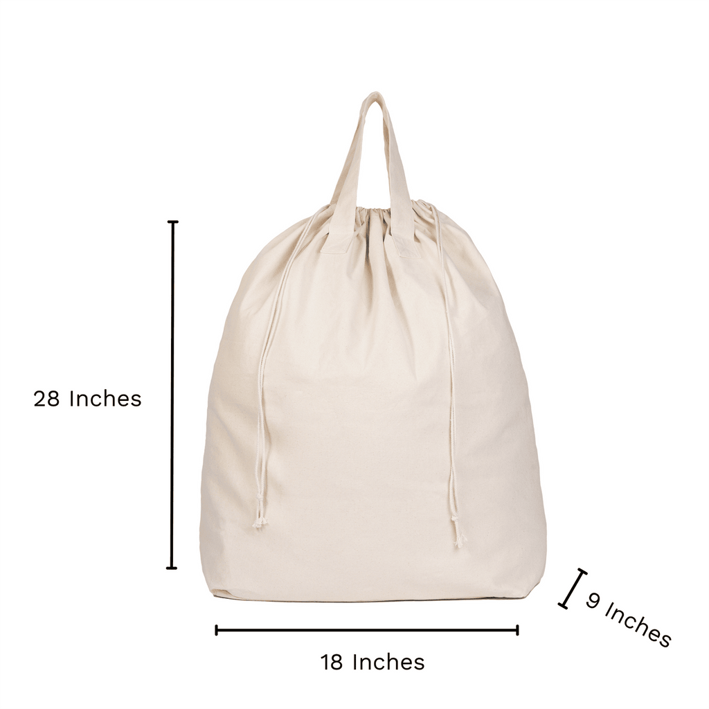 Beige drawstring bag with measurements on a white background
