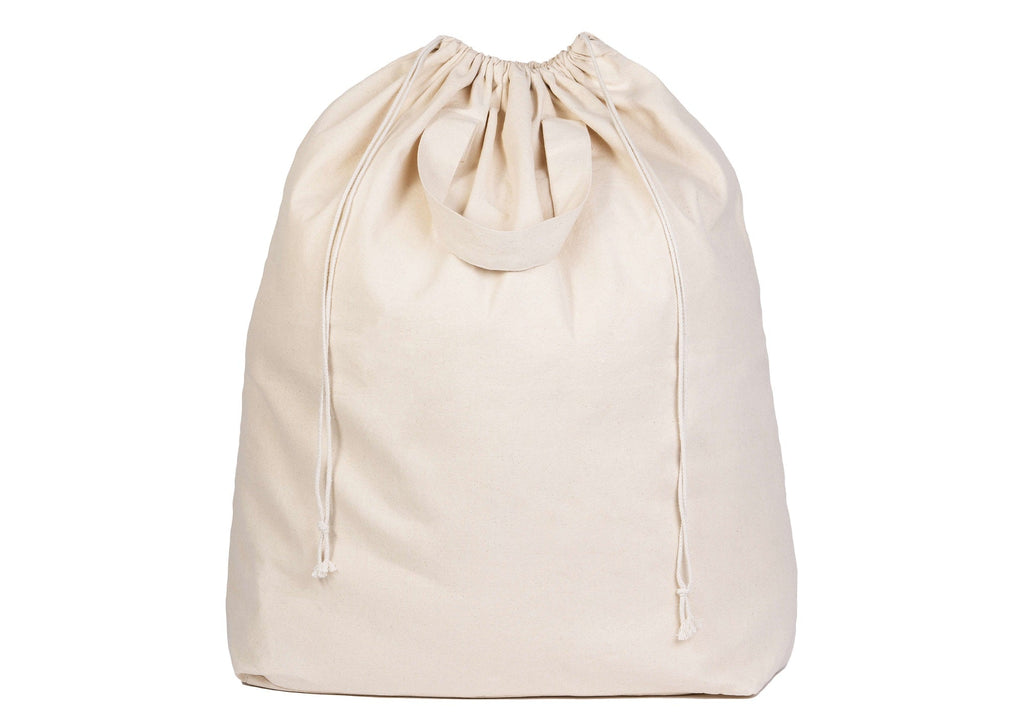 Beige drawstring bag on a white background